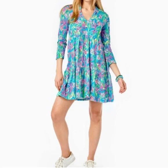 Lilly Pulitzer Alaina Dress sz L Tiered Babydoll Swing Formentera Turquise BOHO - Picture 2 of 13